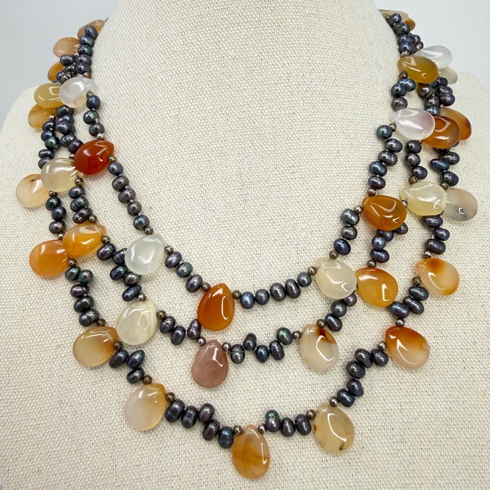 Multistrand Peacock Pearl Necklace Carnelian‎ Agate Statement Silver Tone